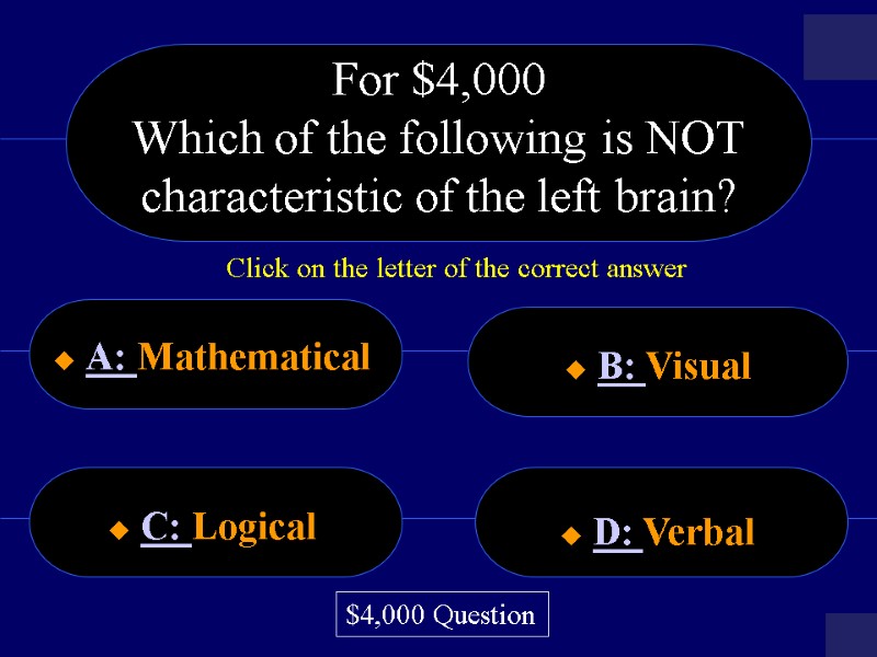 For $4,000 Which of the following is NOT characteristic of the left brain? 
